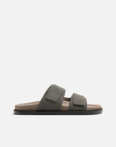 DOUBLE STRAP LEATHER SANDALS - Taupe Grey by Zara