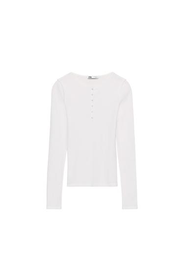 Zara HENLEY NECK T-SHIRT - Oyster-white