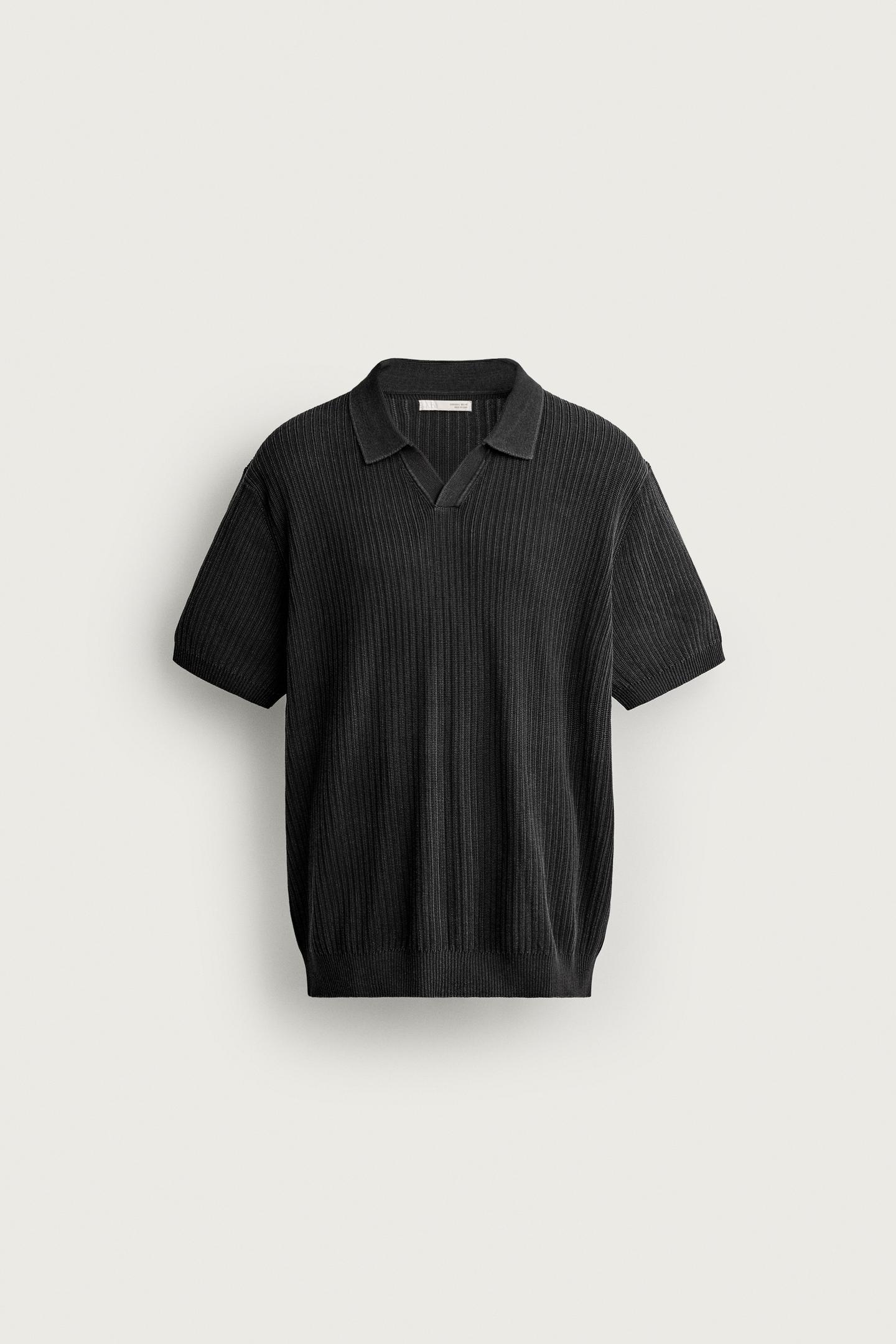 Мужское поло Zara Regular Fit Textured Knit Polo, цвет: Выцветший чёрный — фото 6