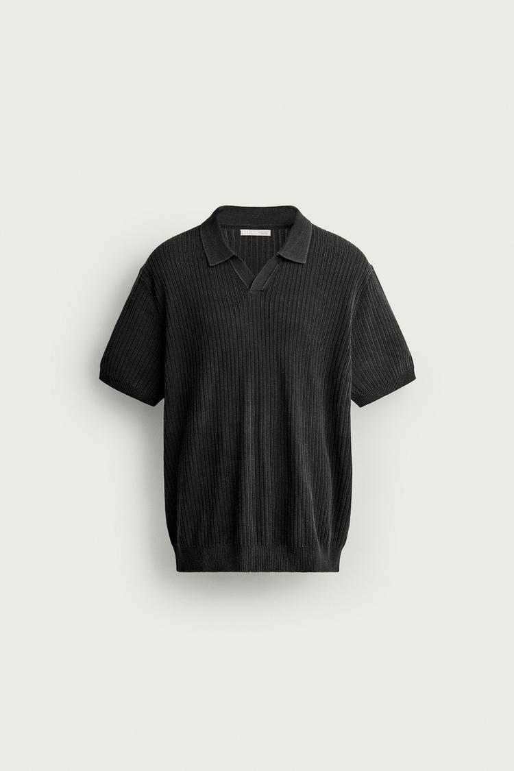 REGULAR FIT TEXTURED KNIT POLO — Faded black