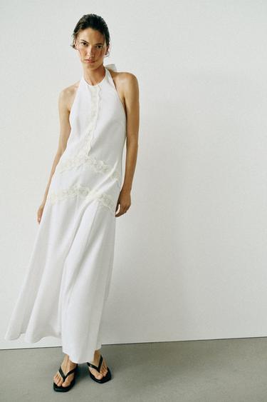 VESTIDO MIDI COMBINADO CON LINO - Blanco de Zara