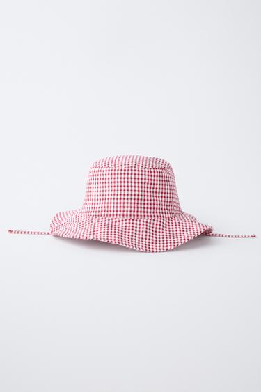 GINGHAM CHECK BUCKET HAT - Red / White by Zara - Image 3