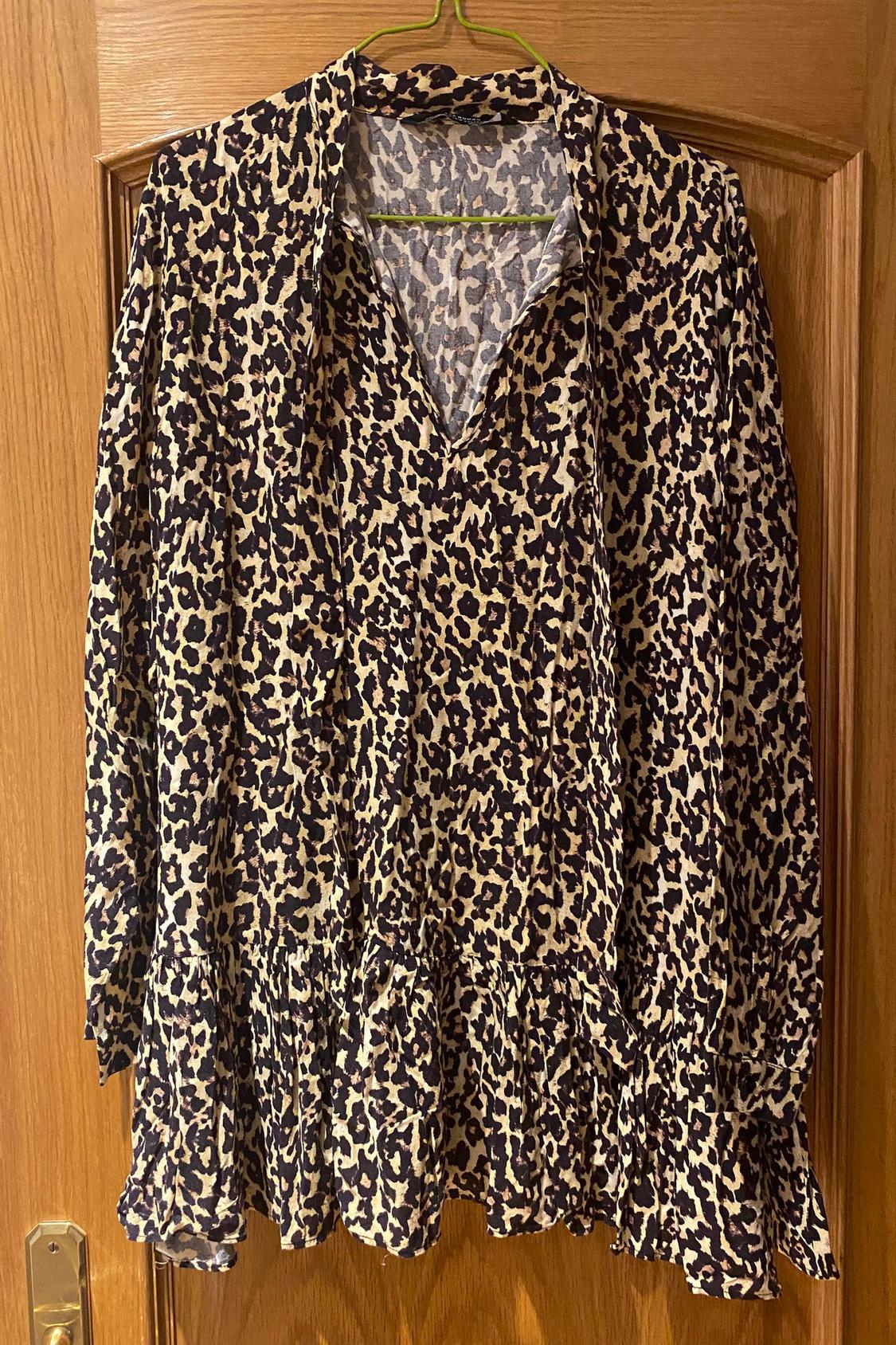 Front view of blouse with animal print and long sleeves.