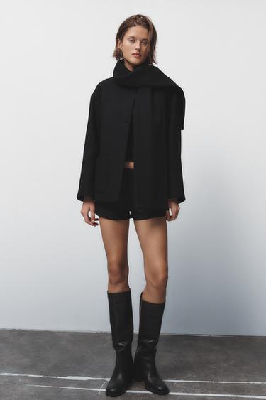 Zara WOOL SCARF COAT - Black