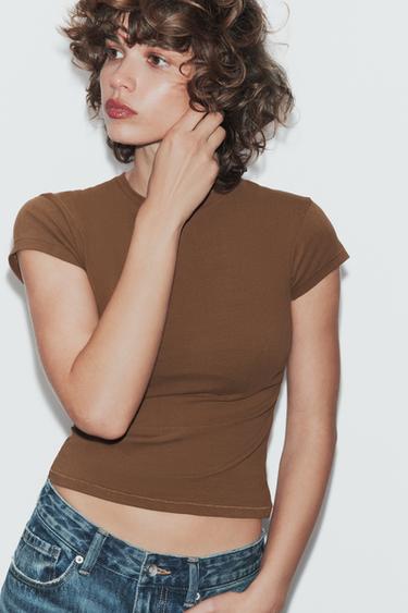 Zara SLIM FIT SHORT SLEEVE T-SHIRT - Brown