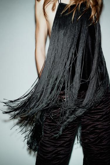 VELVET HALTER NECK TOP WITH FRINGING - Black by Zara