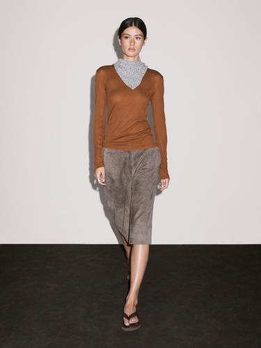 Zara 100% cotton T-shirt with neckline detail - taupe brown - Image 0