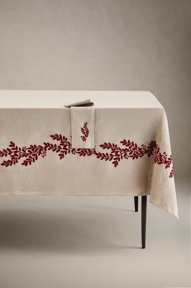 LINEN CHRISTMAS TABLECLOTH WITH RED LEAVES - Red by Zara - Image 0