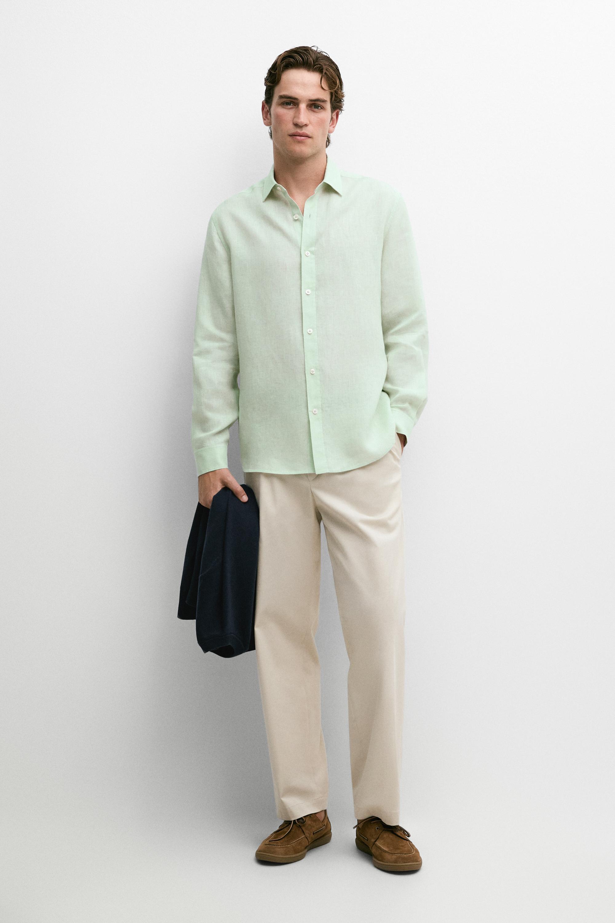Slim fit 100% linen shirt — Moss green