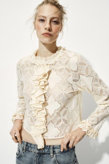 Zara RUFFLED ROMANTIC BLOUSE - Ecru