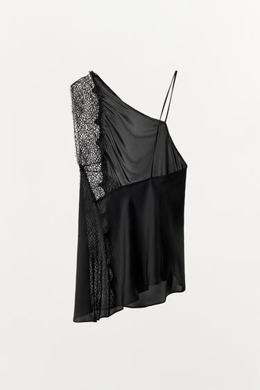 TOP SATINÉ ASYMÉTRIQUE DENTELLE - Noir de Zara - Image 3