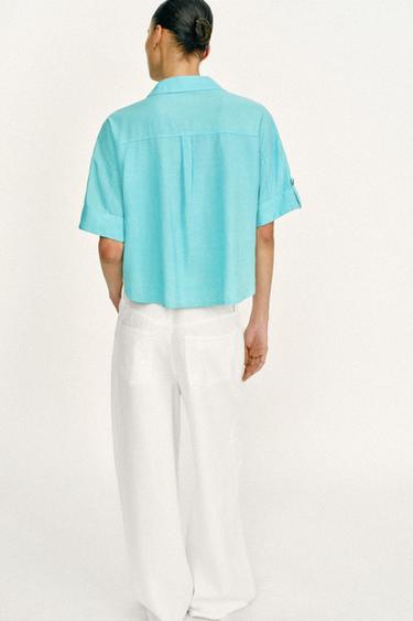 CHEMISE COURTE AVEC LIN - Turquoise de Zara - Image 4
