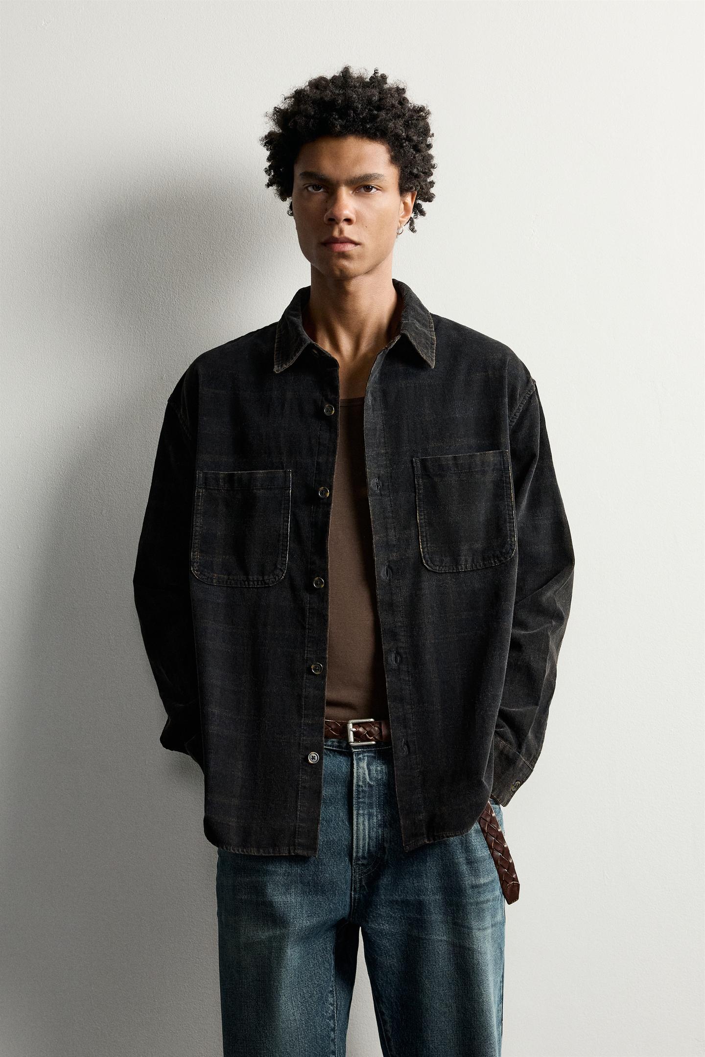 Мужская рубашка Zara Washed Plaid Corduroy, цвет: Чёрный / Белый — фото 2