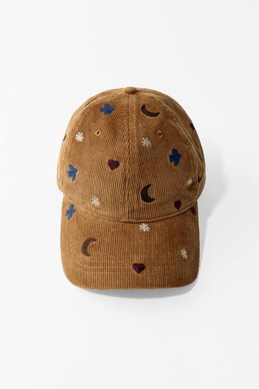 Zara CORDUROY CAP WITH BIRDS AND MOONS EMBROIDERY - taupe brown