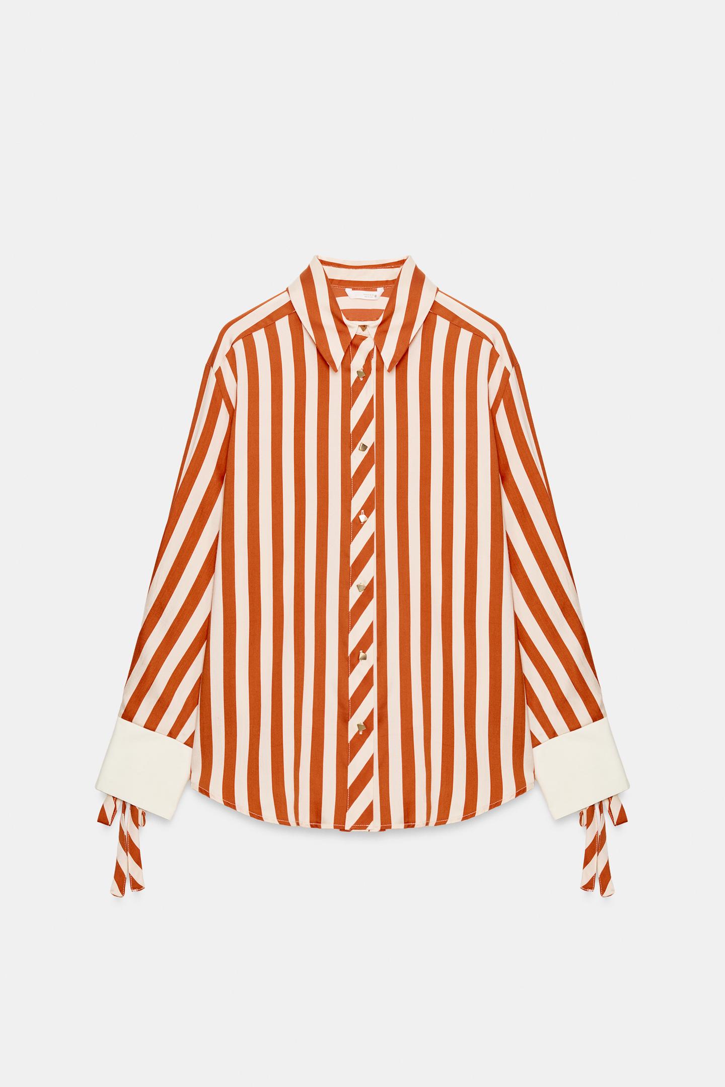 Женская рубашка Zara Bow Trim Striped, цвет: Белый оранжевый — фото 8