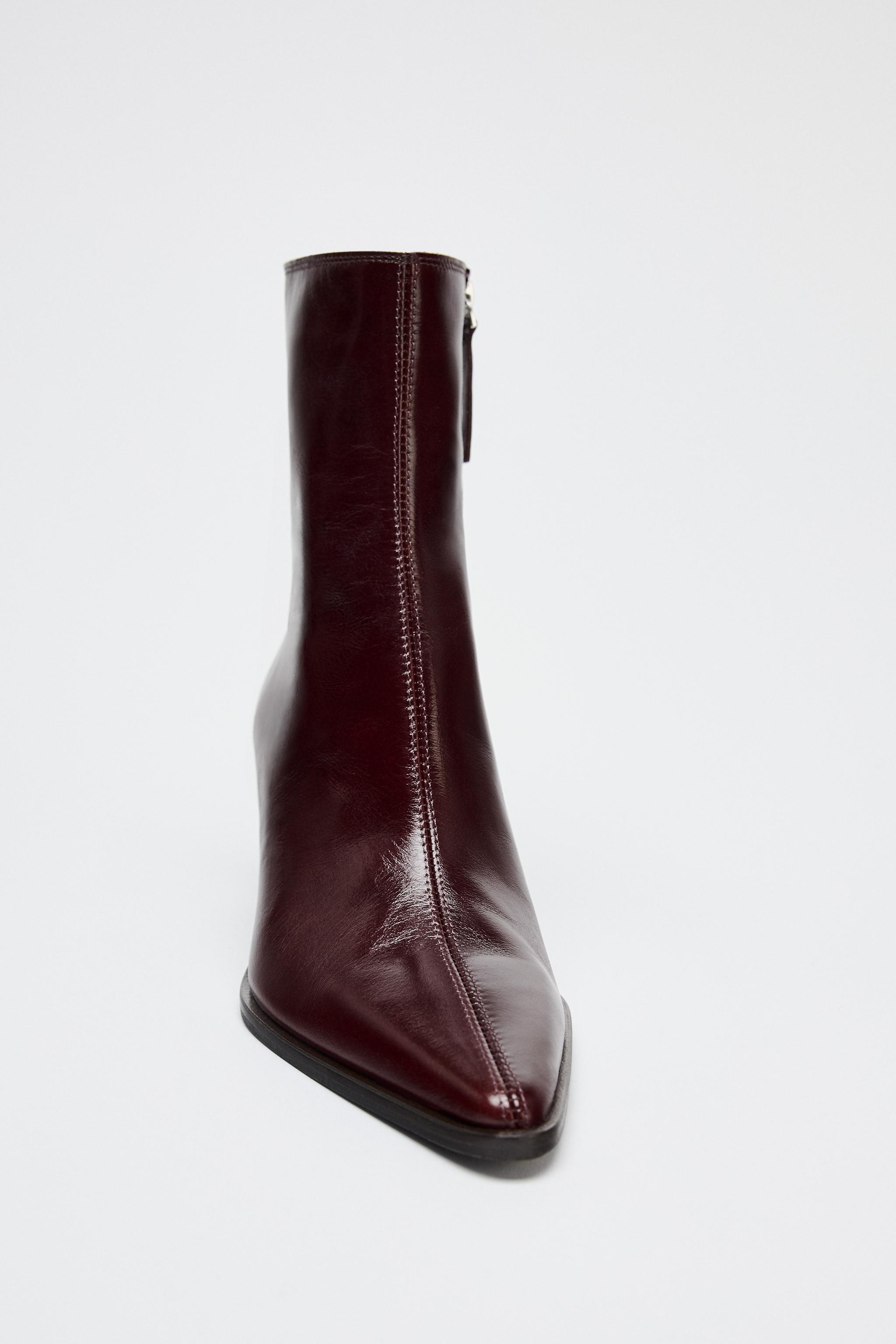 Zara Burgundy Leather Boots LEATHER ANKLE BOOTS WITH