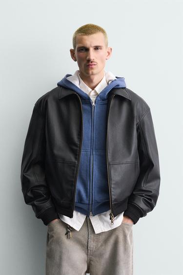 Zara FAUX LEATHER BOMBER JACKET - Black