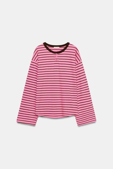 STRIPED HENLEY T-SHIRT - Pink by Zara