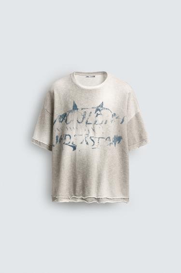 Zara SPRAY PRINT KNIT T-SHIRT - Oyster-white