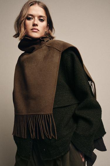 Zara FRINGED WOOL SHORT CAPE - Toffee