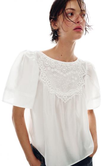 BLUSA BORDADOS MANGA CURTA - Branco da Zara