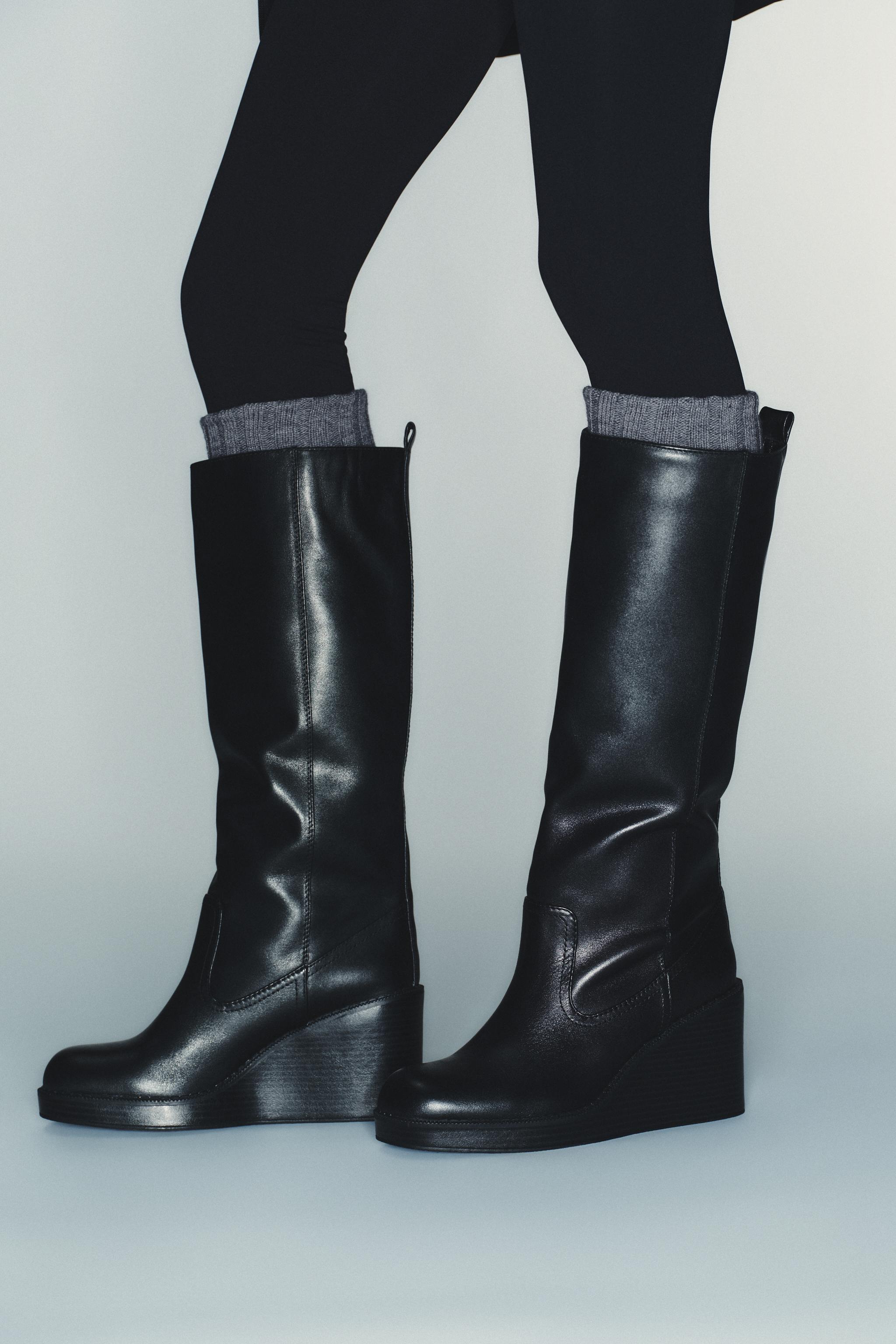 撥水レザーウェッジヒールブーツ - ブラック | ZARA Japan / 日本