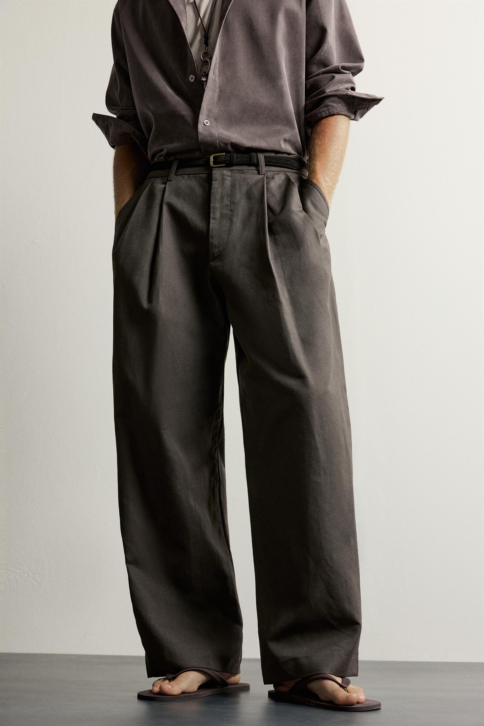 Мужские брюки Zara COTTON-LINEN PLEATED CHINO PANTS — фото 6