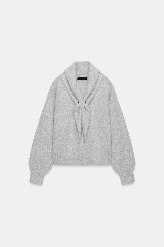 SUÉTER DE TRICÔ COM LENÇO - Cinzento da Zara - Imagem 0