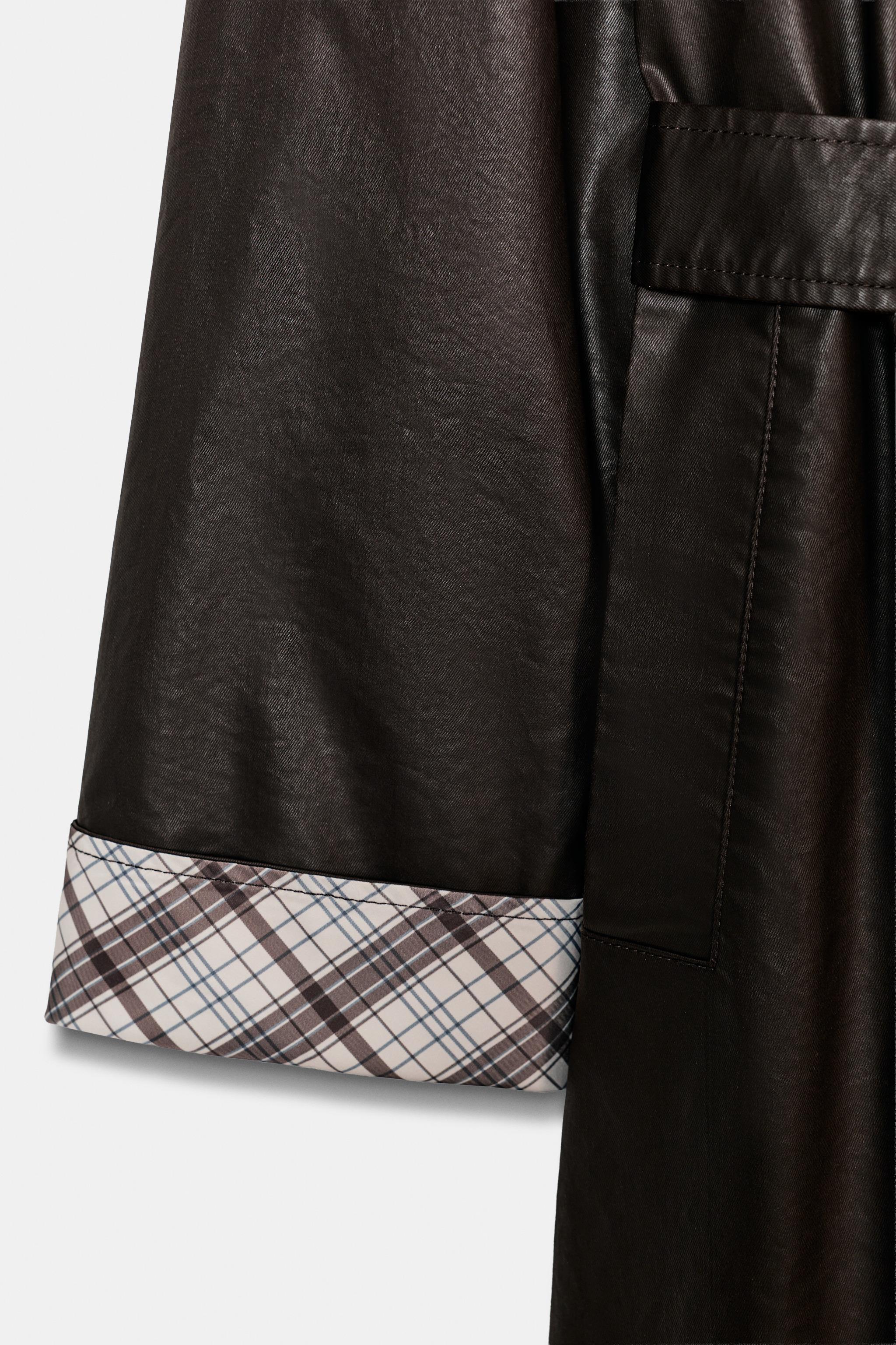 LONG WAXED PLAID TRENCH COAT