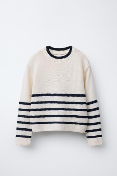 STRIPED KNIT SWEATER - Ecru / Navy by Zara - Image 0