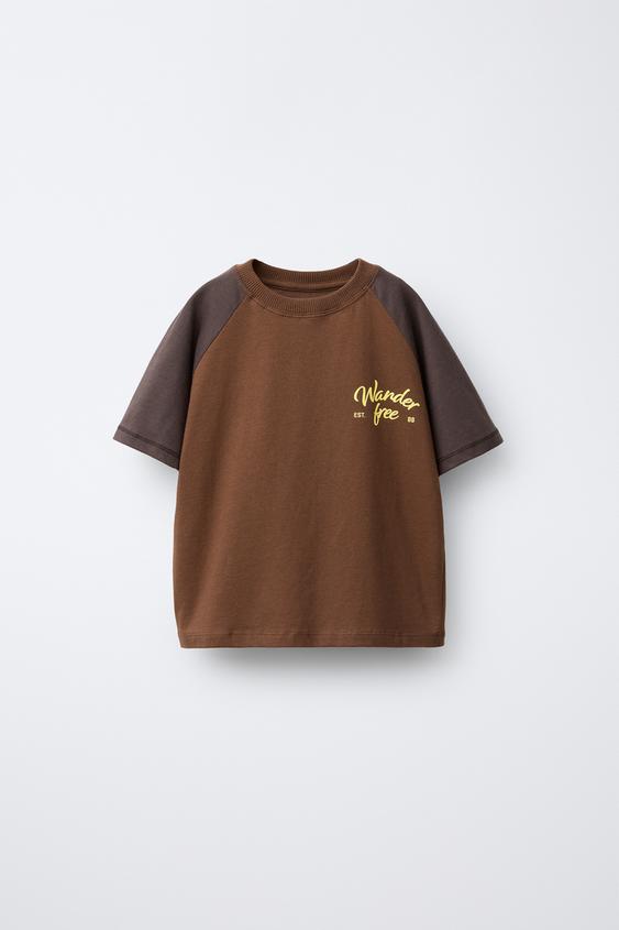 T-SHIRT DE MANGA RAGLÃ COM MENSAGEM - Telha | ZARA Portugal