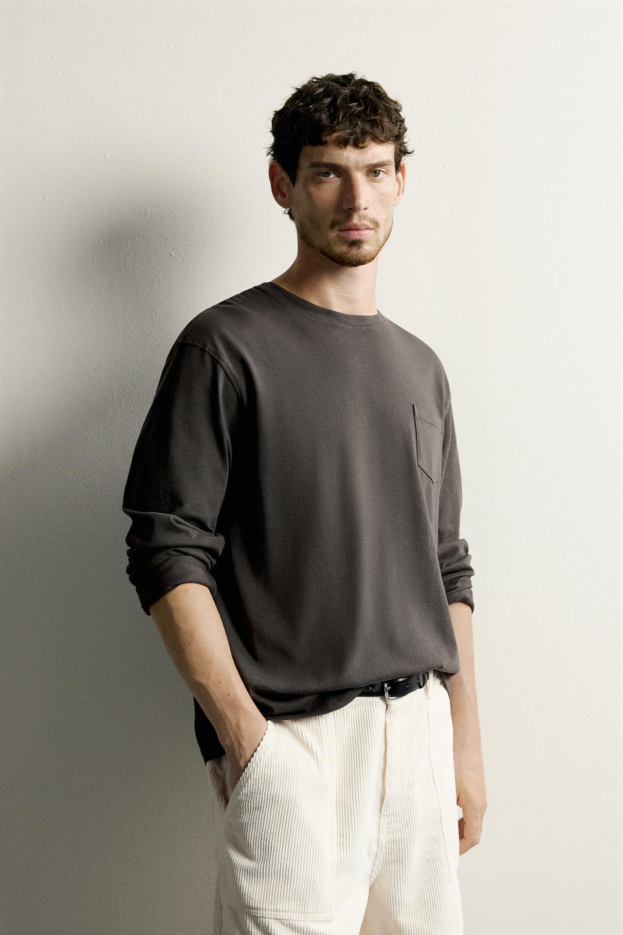 STRIPED LONG SLEEVE REGULAR FIT T-SHIRT — Anthracite grey
