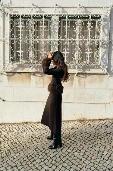 CONTRAST KNIT FAUX FUR CARDIGAN - Brown by Zara - Image 2