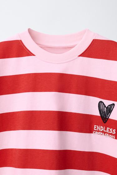 STRIPED T-SHIRT WITH HEART - Pink / White by Zara - Image 2