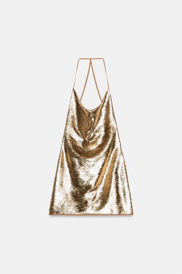 ROBE COURTE HALTER DRAPÉE PAILLETTES - Cuivre de Zara - Image 4