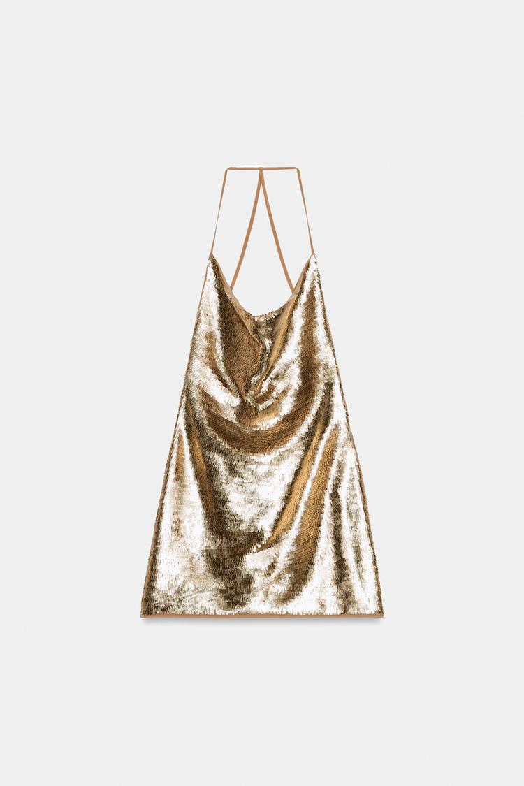 Vestido mini halter drapeado con lentejuelas 5