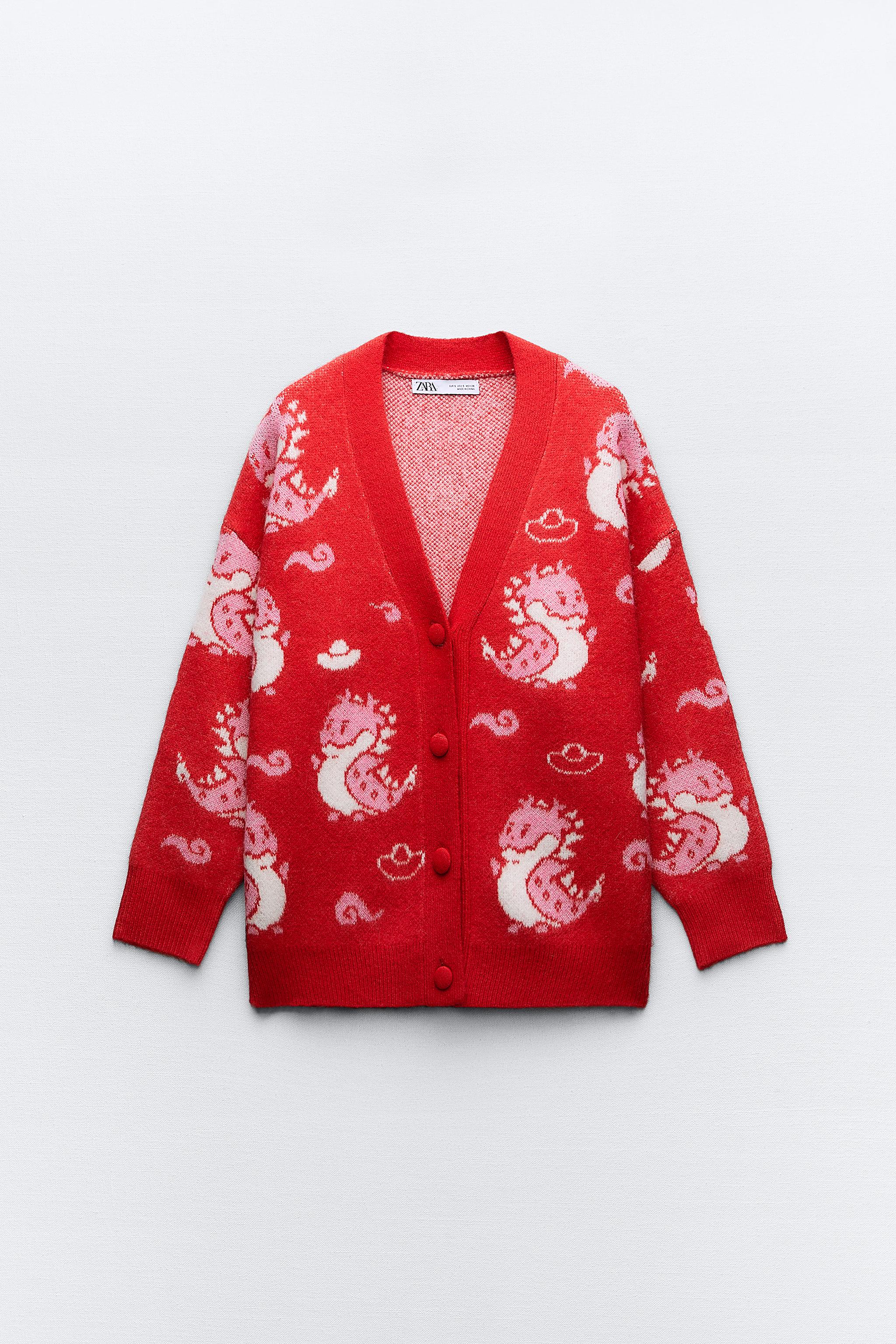 提花龍設計針織開襟衫- 紅色| ZARA Taiwan, China / 中國台灣