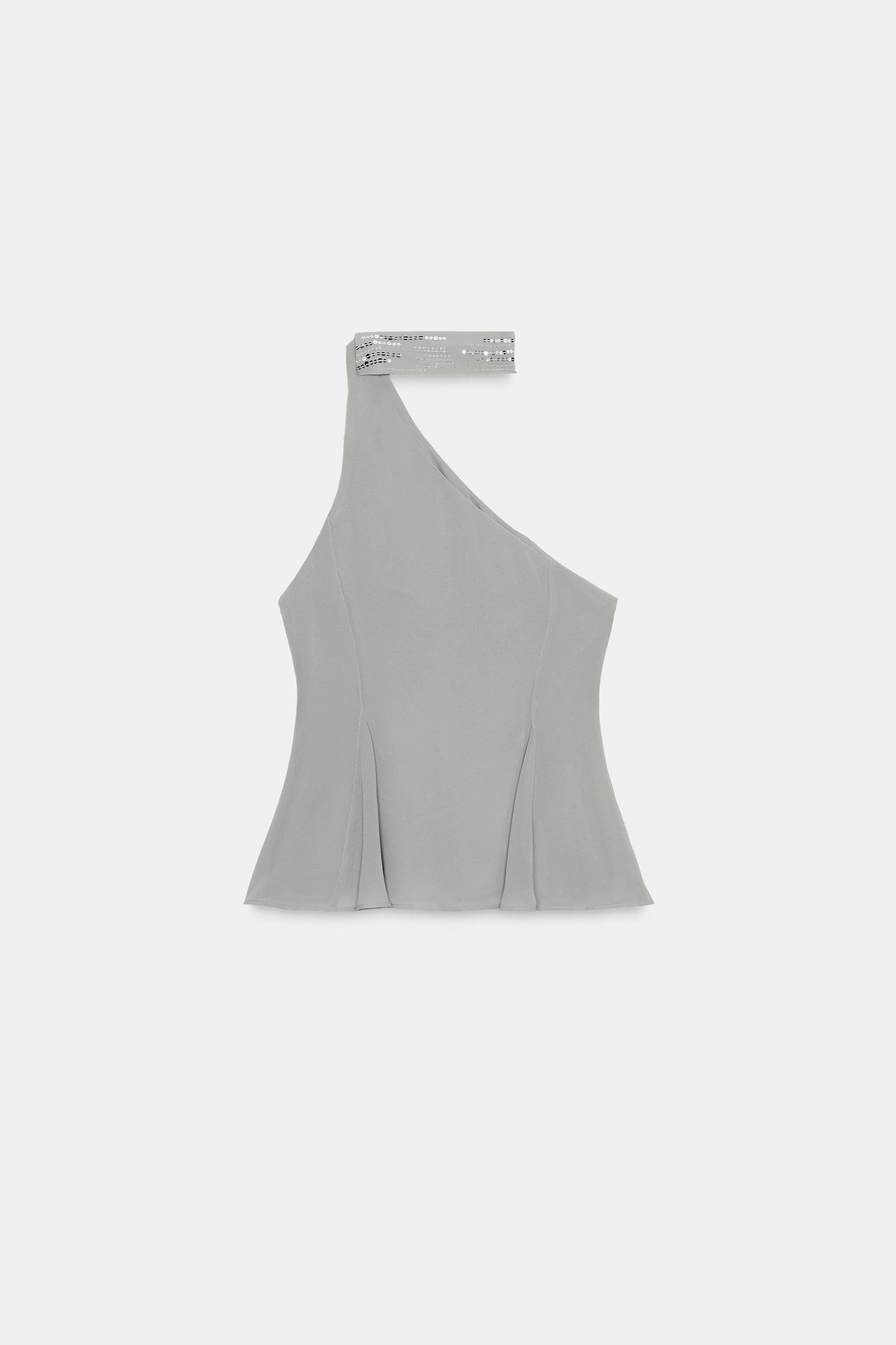 ⍨⃝ * ASYMMETRIC SEQUIN GEORGETTE TOP - Gray | ZARA Canada