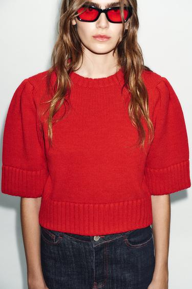 PLAIN KNIT SHORT SLEEVE JUMPER - Red by Zara