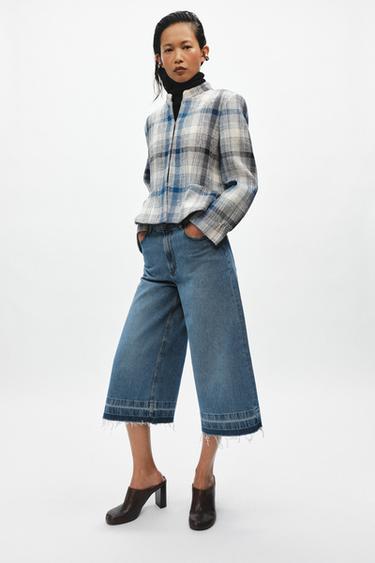 Zara ZW COLLECTION TEXTURED PEPLUM BLAZER - Blue / White