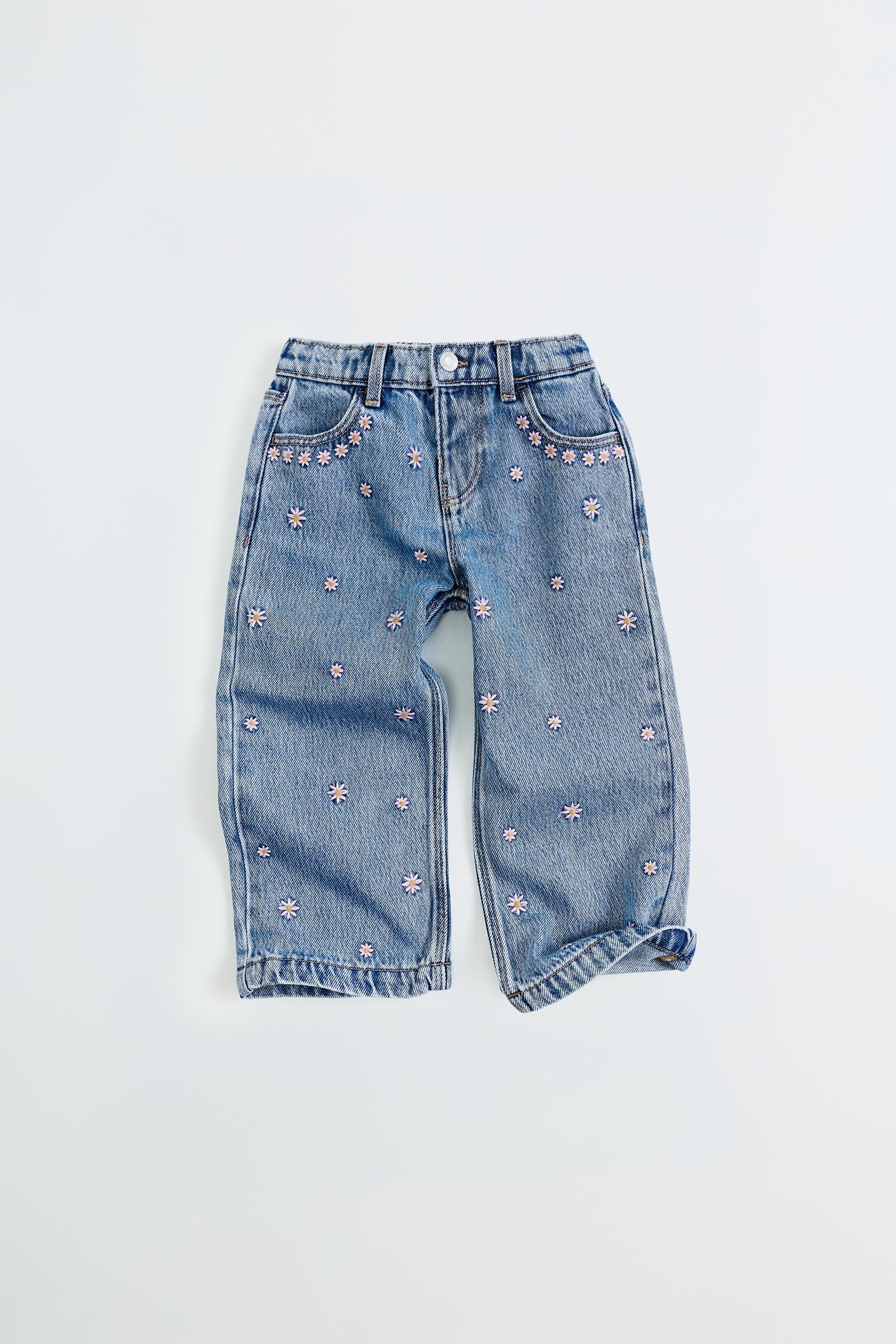 EMBROIDERED FLORAL CULOTTE JEANS — Blue