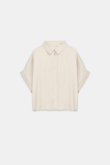 SATIN CROPPED SHIRT — Stone 1