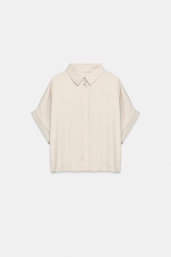 Zara CROPPED SATIN SHIRT - Stone - Image 0