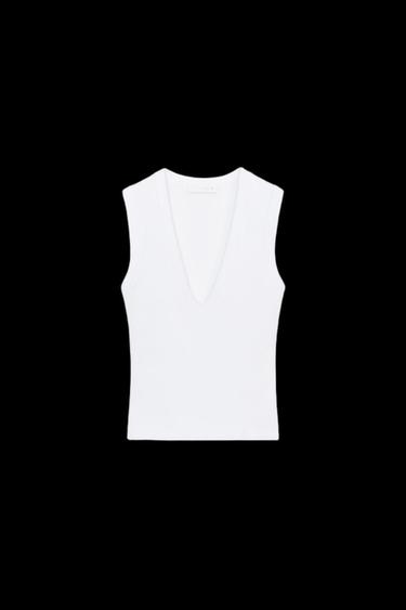 CAMISETA ALGODÓN  ESCOTE PICO - Blanco de Zara