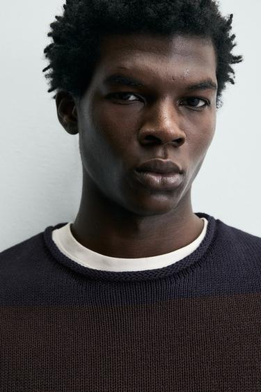 Zara STRIPED JACQUARD JUMPER - Brown-Blue