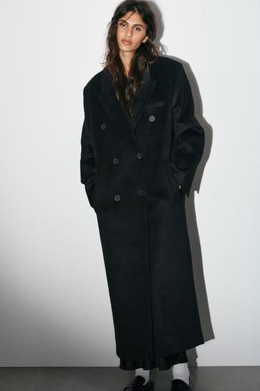 Zara EXTRA LONG WOOL BLEND COAT - Black