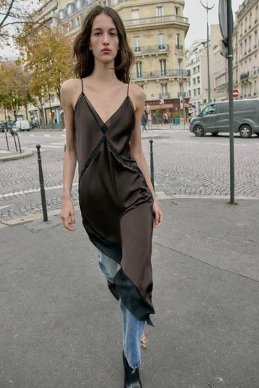ASYMMETRIC SATIN MIDI DRESS - Brown by Zara - Image 0