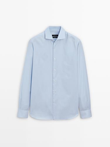 Zara Slim fit micro-checked 100% cotton shirt - Sky blue - Image 0