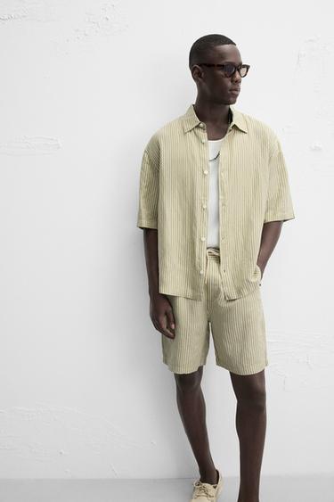 BERMUDA RAYURES LIN - VISCOSE - écru/vert kaki de Zara - Image 5