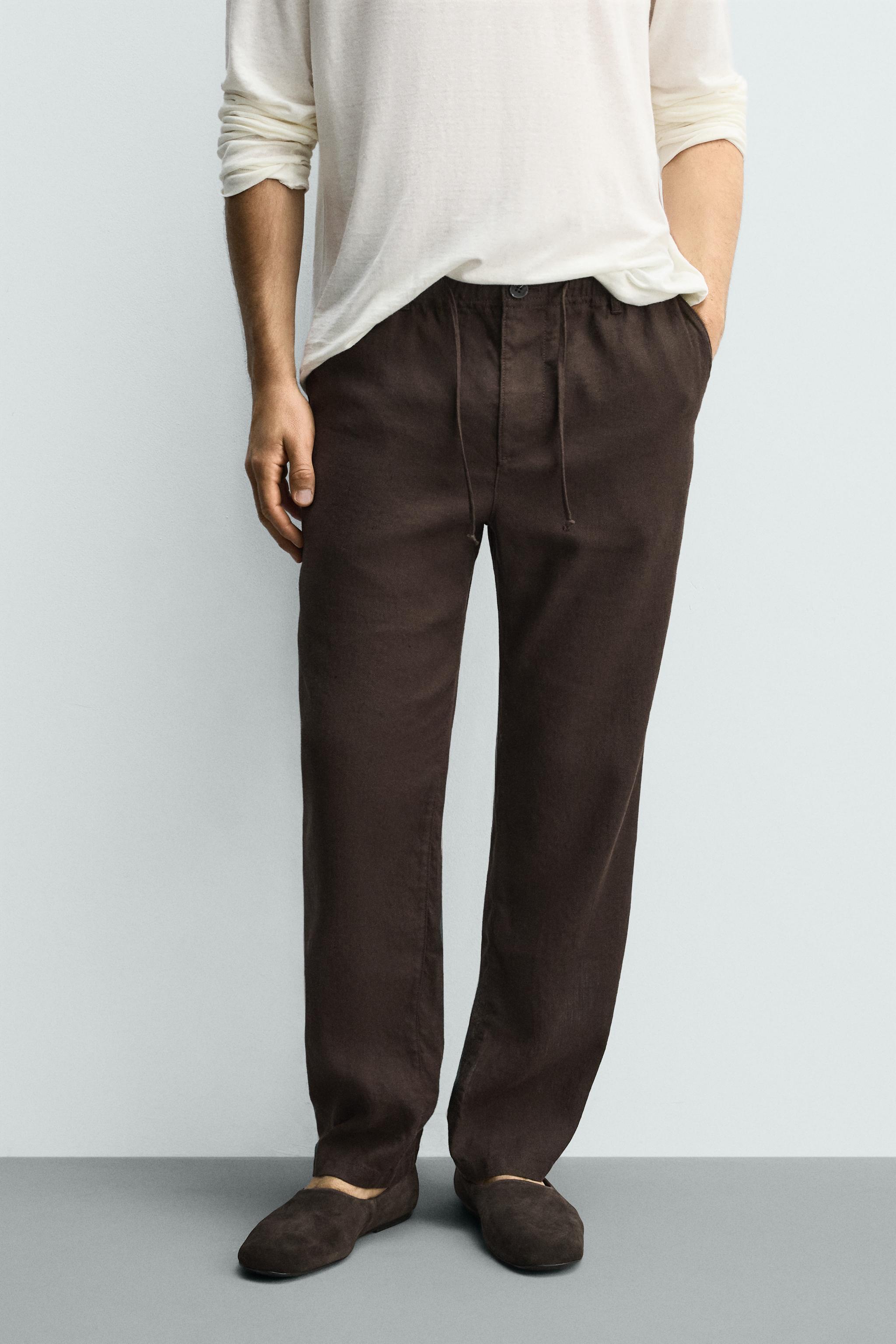 COTTON/LINEN RELAXED FIT TROUSERS — Brown